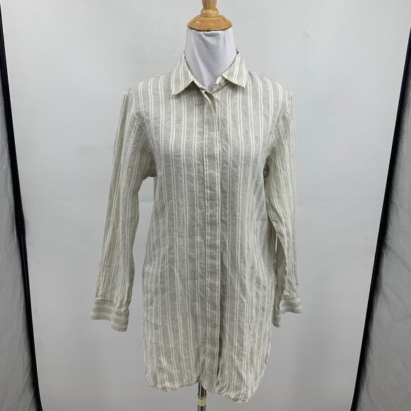 Lafayette 148 New York Shirt Womens Small Button Up Striped Linen Shirttail Hem - Picture 2 of 10